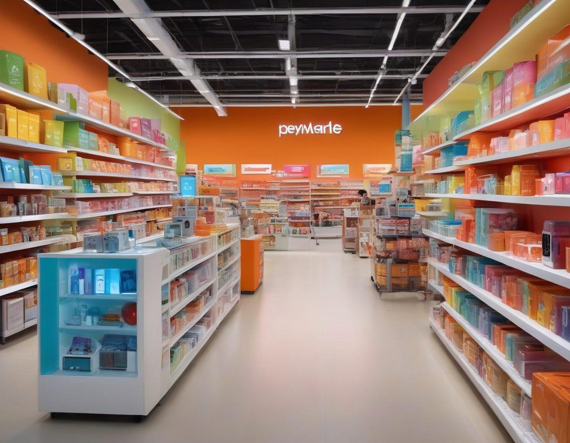 A vibrant marketplace scene showcasing a diverse range of products from home goods to electronics, with happy customers exploring different aisles. Incorporate colorful displays of household items on one side and tech gadgets on the other, creating a friendly inviting atmosphere. Highlight PeavyMart branding subtly in the background, emphasizing value and satisfaction. Super-realistic. Bright colors. Warm lighting.