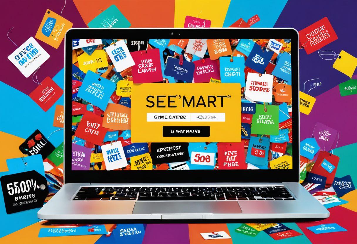 A visually captivating digital collage showcasing a bustling online shopping experience, featuring a user browsing PeavyMart's website with a laptop, colorful tags of discounts and promotions popping out around the screen, a shopping cart filled with diverse products, and an eye-catching banner highlighting special offers. super-realistic. vibrant colors. 3D effect.